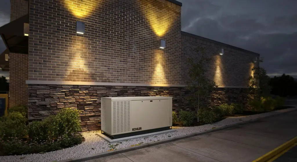 KOHLER Generator powered by liquid propane, featuring an automatic transfer switch, installed at a Massachusetts business site